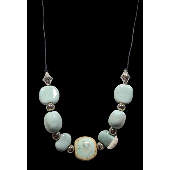 Handmade Light Blue Ceramic Beaded Necklace With Silver Tone Accents - Picture 2 of 8